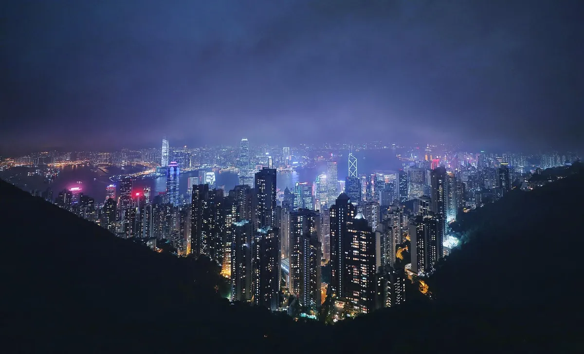 buildings, city, night, city lights, skyscrapers, towers, skyline, evening, haze, view, night view, exposure, sightseeing, downtown, urban, hong kong, hong kong