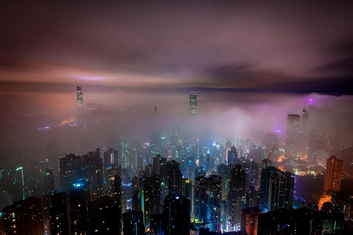 clouds, hong kong, buildings, haze, misty, nature, illuminated, city lights, skyline, cityscape, urban, urban landscape, skyscrapers, aerial view, night, mist,