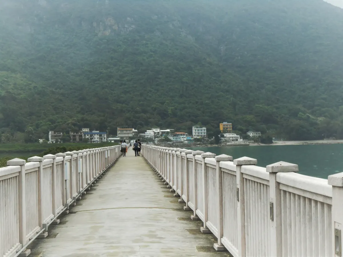 A picturesque pier leading towards lush mountains with a view of coastal buildings in Hong Kong.